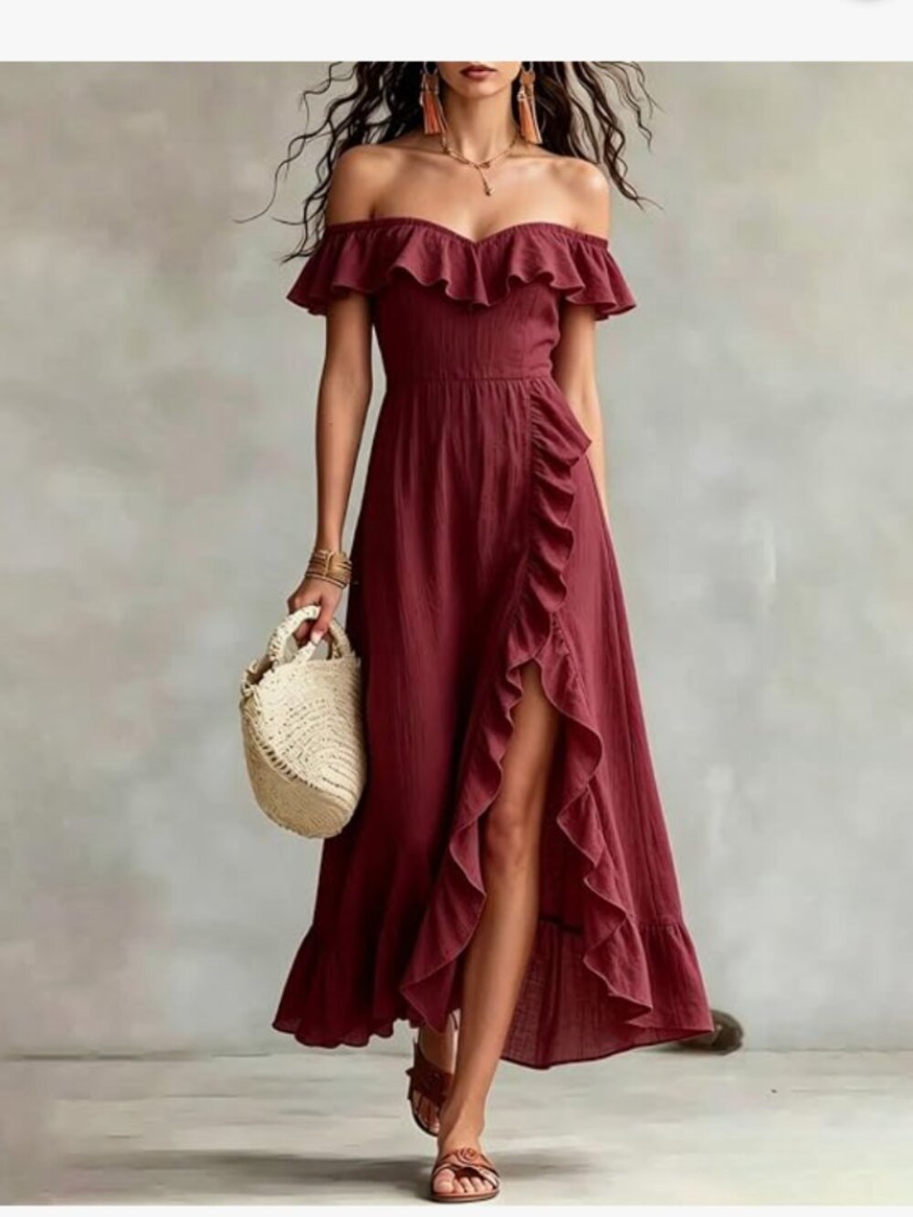 Wine Off Shoulder Ruffle Maxi Dress High Slit Wedding Guest Bridesmaid Large